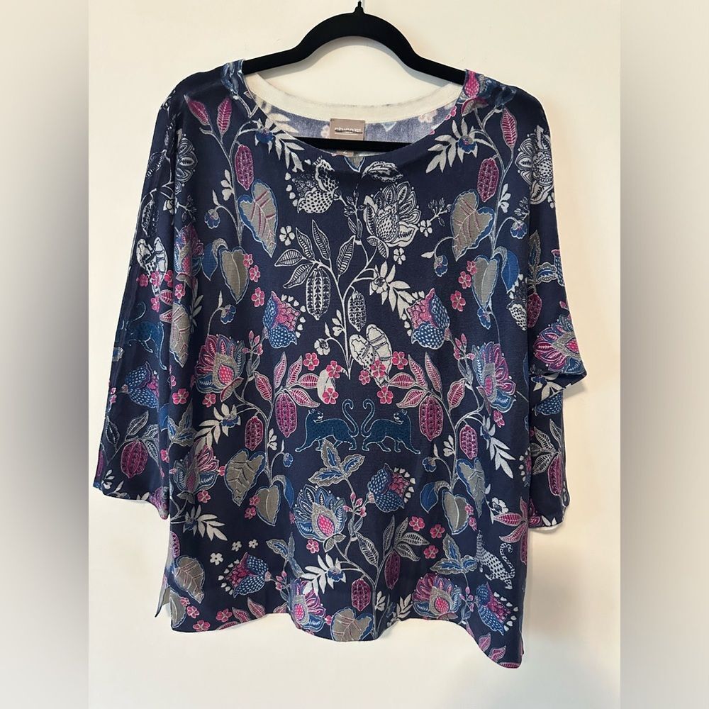 Chico’s Toc Sarasa Plains Boat Neck Top SZ 2 Dolman Pullover 3/4 Sleeves Blue
